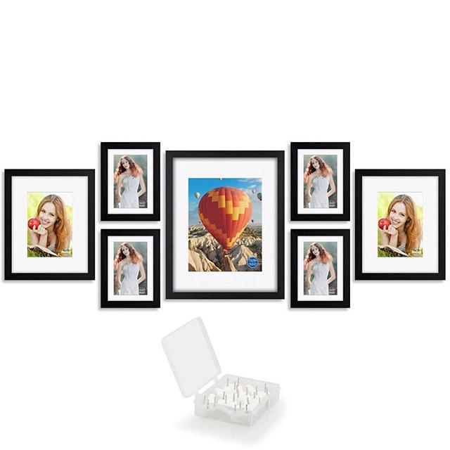 Solid Wood 7 Pcs Picture Frame Set High Definition Cover for Wall Mounting Photo Frames Including 11x14 8x10 5x7 Black