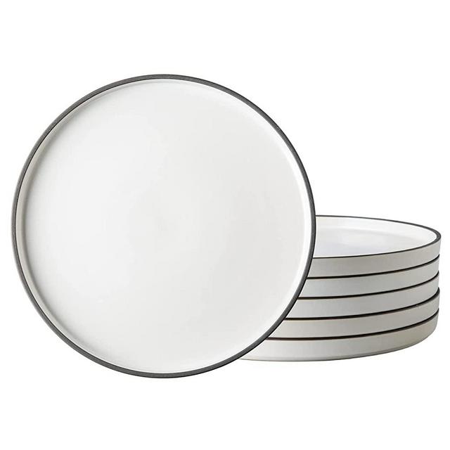 LERATIO Salad Plates,8.0 inch ceramic plates,Ceramic Salad Plates Set of 6,Modern Shape Dinnerware Dishes Set for Kitchen, Microwave & Dishwasher & Oven Safe,Matte Cream with Black Rim