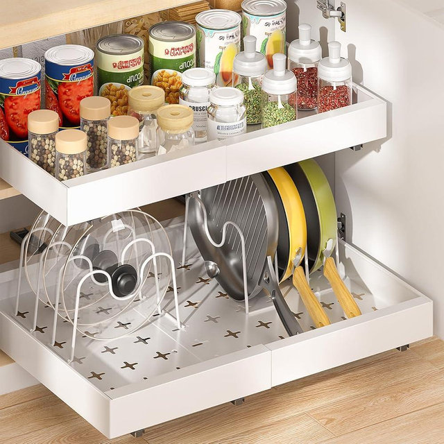 Delamu 16" Deep Pull Out Cabinet Organizer with 6 Dividers, Expandable (11.7 "-20" W) Pull Out Drawers for Cabinets, Cabinet Trays Pull Out for Cabinets in Kitchen, Pantry or Bathroom, White, 2 Pack
