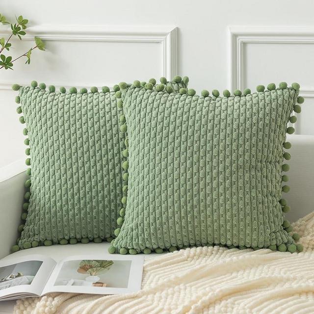 Kevin Textile Sage Green Corduroy Decorative Throw Pillow Covers Pack of 2 Pom-pom Soft Boho Striped Pillow Covers Modern Farmhouse Home Decor for Sofa Living Room Couch Bed 18x18 Inch