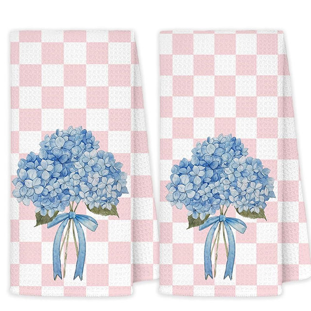 JINYO Blue Hydrangea Gingham Kitchen Towels Set of 2, Preppy Pink and White Checkered Hand Towels for Bathroom, Blue Floral Dish Tea Towels, Checkered Kitchen Decor, Preppy Bathroom Decor, 16x24 Inch