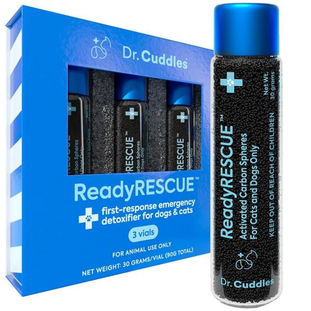 Dr. Cuddles ReadyRESCUE - Pet Detox for Dogs, Cats, & Pets - First Response for Eating or Ingesting Emergencies - Activated Charcoal, Carbon - Rapid Solution to Absorb Toxins - 90g (3 vials of 30g)