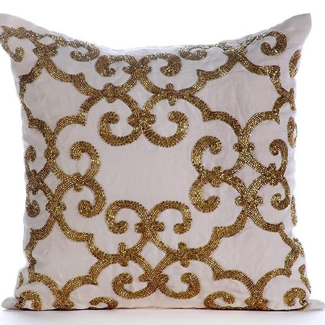 The HomeCentric Designer Gold Pillow Cases, Beaded Damask Turkish Pillows Cover, 18x18 inch (45x45 cm) Throw Pillow Cover, Square Cotton Linen Pillows Covers for Couch, Floral, Modern - Gold Encrusted
