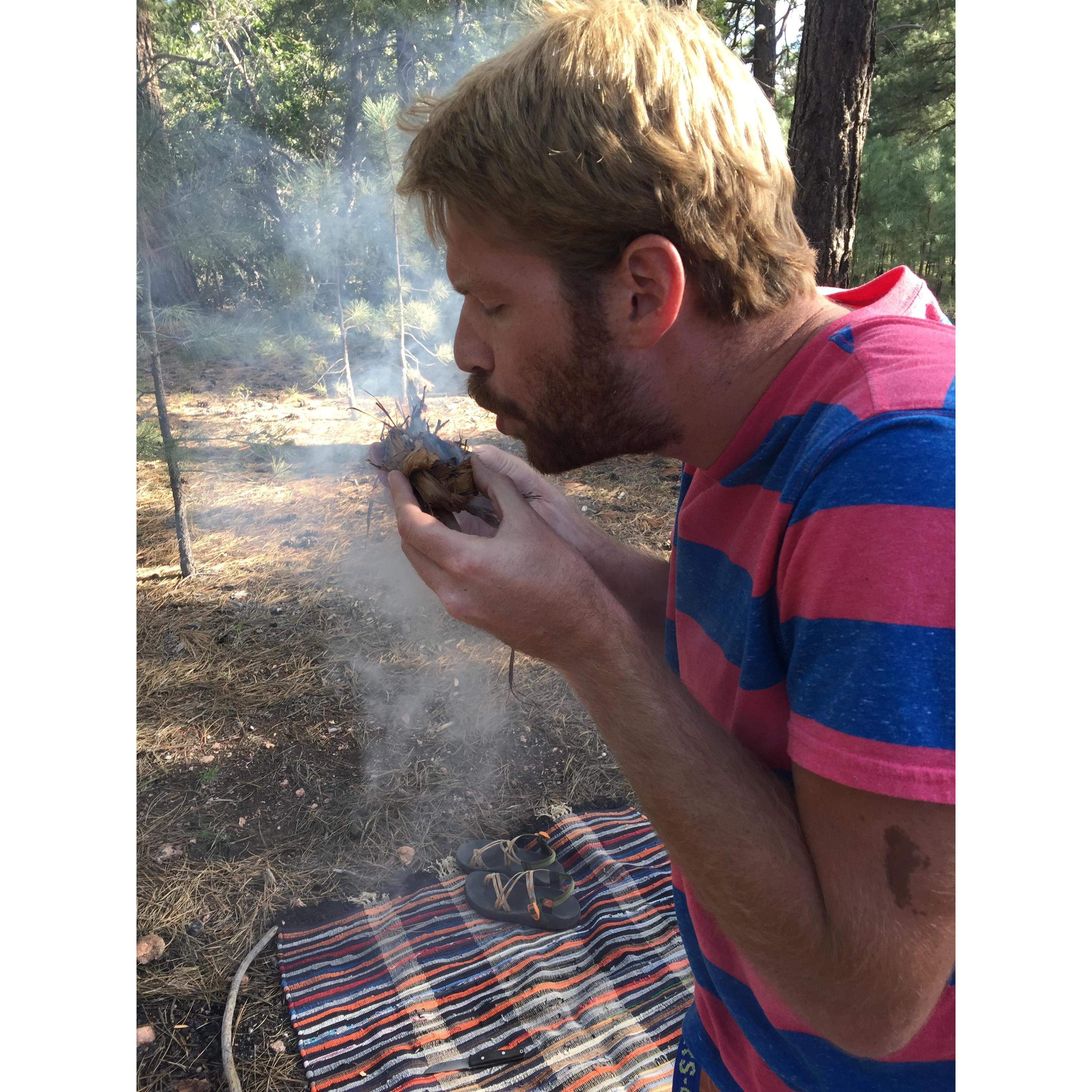 Teaching Austin how to make fire