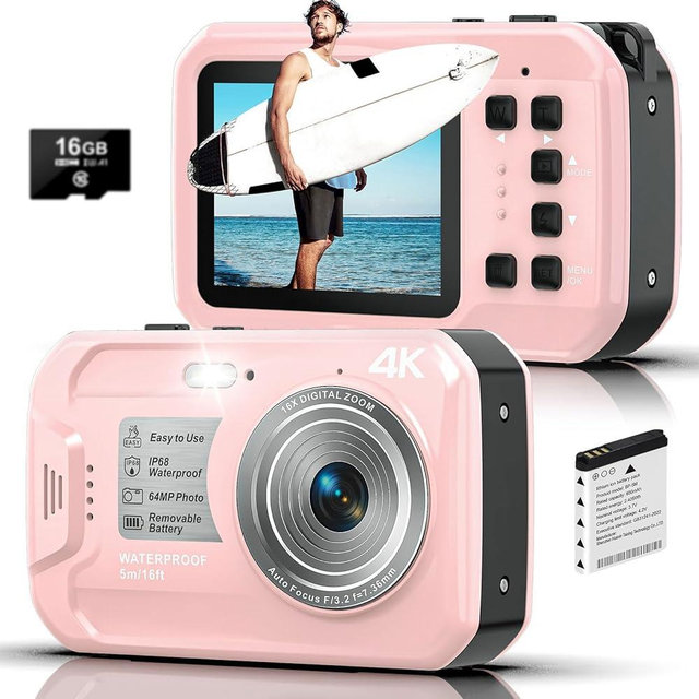 4K Underwater Camera, 64MP 16FT Waterproof Digital Camera with 16GB Card, Autofocus Floatable Waterproof Camera with IPS HD Screen, 16X Digital Zoom, Fill Light, for Surfing,Snorkeling,Swimming,Pink