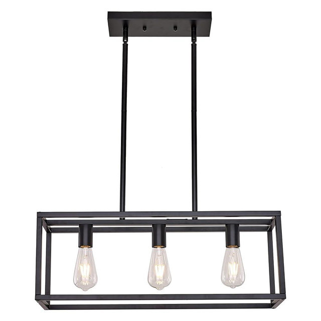 HQZBPT Farmhouse Rectangle Chandeliers for Dining Rooms, Modern Linear Hanging Light Fixture Matte Black 3-Light Industrial Pendant Lighting for Kitchen Island