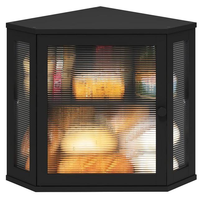 viewcare Corner Bread Box for Kitchen Counter, Bamboo Wood Large Capacity Bread Storage Bin with Acrylic Wavy Door Panel (Black, Meduim)