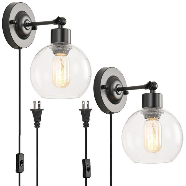 Modxian Glass Wall Sconces Set of 2 Plug In, Dimmable Glass Globe Bedroom Wall Lights with Cord and Switch, 180°adjustable Industrial Black Bedside Wall Lamp E26 for Bathroom Living Room(2 Pack Black)