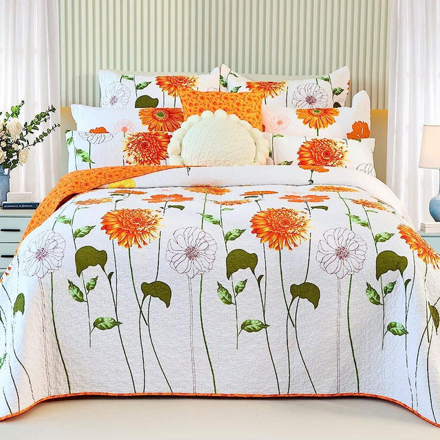EVENHUG 100% Cotton Quilt Queen Size Orange Sunflower Bedding Set Floral Lightweight Summer Quilt Reversible Coverlet Bedspread with 2 Pillow Shams All Seasons 3 Pieces (Orange,Queen/Full)