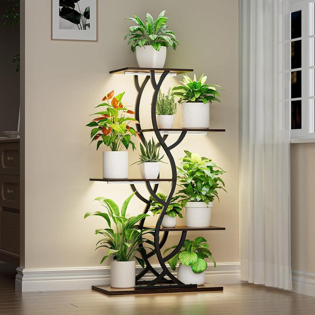 Plant Stand Indoor with Grow Lights - 44" Tall Corner Plant Stands for Indoor Plants, 5 Tiered Metal Plant Shelf, Curved Plant Flower Holder Dispaly Rack for Living Room, Home Patio Balcony (Black)