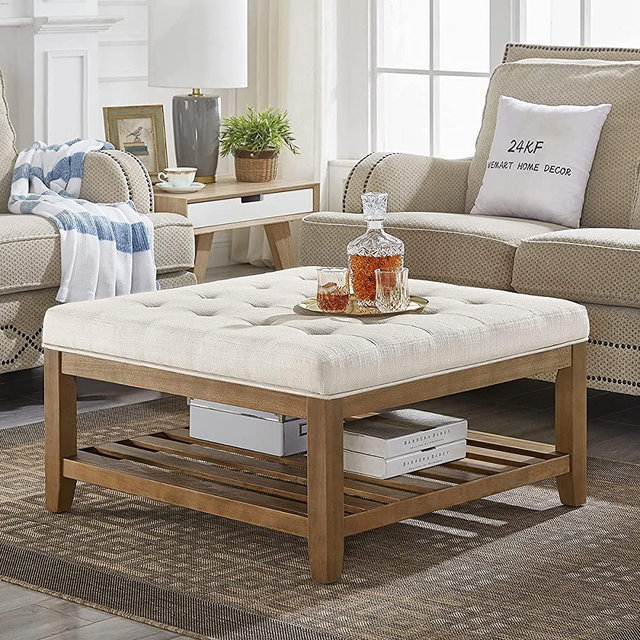 24KF Large Square Upholstered Tufted Linen Ottoman Coffee Table , Large Footrest Ottoman with Solid Wood Shelf-Ivory