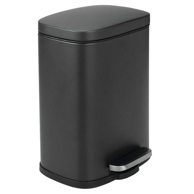 mDesign 1.3 Gallon Rectangular Small Step Trash Can Wastebasket, Garbage Container Bin for Bathroom, Powder Room, Bedroom, Kitchen, Craft Room, Office - Removable Liner Bucket, Hands-Free - Black