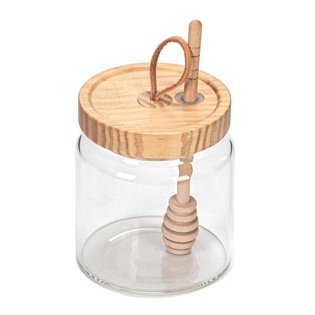 KEKEHOME Honey Pot Airtight Glass Honey Jars with Dipper Stick and Wooden Lid, Honey Bottle Containers for Storing Honey, Honey Holder for Home Kitchen