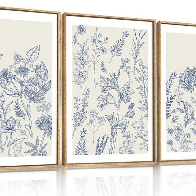 HPINUB Classic Chinoiserie Floral Framed Canvas Wall Art Set,Watercolor Blue and White Botanical Flowers Wall Decor,Navy Blue Minimalist Wildflower Art Print for Living Room,Bedroom,Office-16 x24 x3