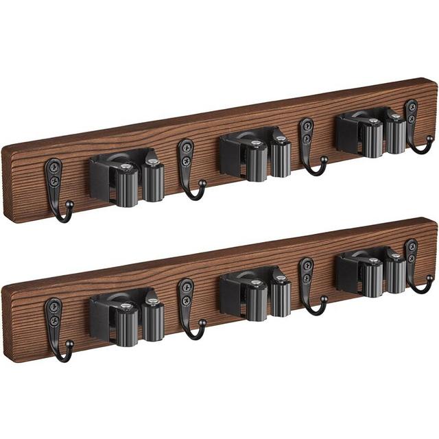 OUTNILI 2 Pack Mop Broom Holder Wall Mount with 3 Slots & 4 Hooks - Rustic Wood Broom Mop Hanger for Pantry Kitchen Organization - Garden Tool Organizer for Closet Laundry Room
