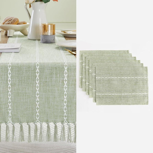 Wracra Homes Value Pack - Green Rustic Table Runner and Placemat Set; Cotton Linen Farmhouse Table Runner 13 x 60 in and 6 Placemat (12 x 18Inch); 7 pcs in Total