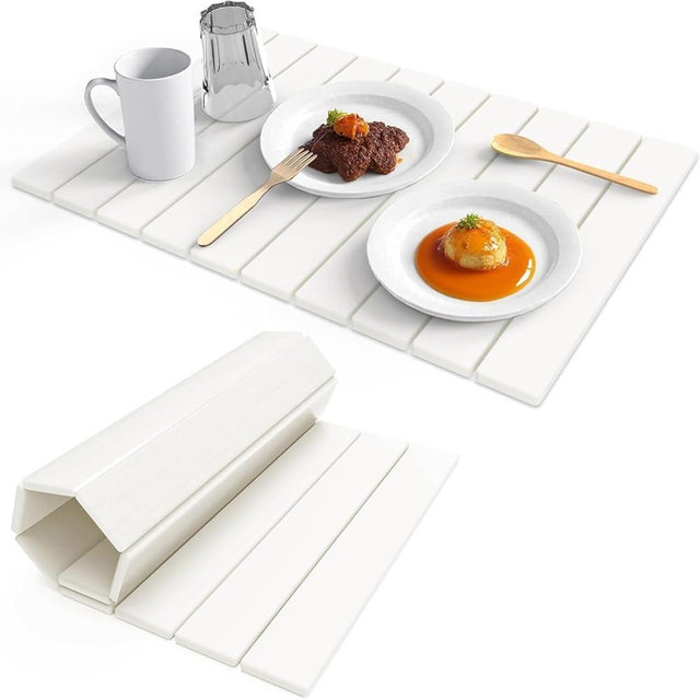 Stone dish drying mats for kitchen counter ，large 23.6"L x 15.4"W foldable diatomite dish stone drying mat, quick dry extra fast absorbent roll up rack, White/Black foldable stone dish drying mat