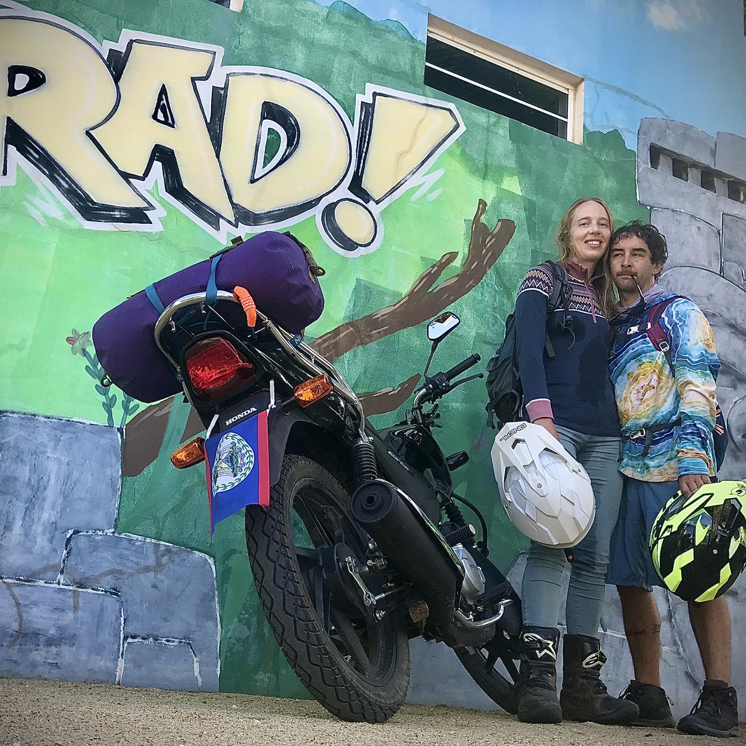 Mishael and Will touring Belize on a 150cc motorbike.