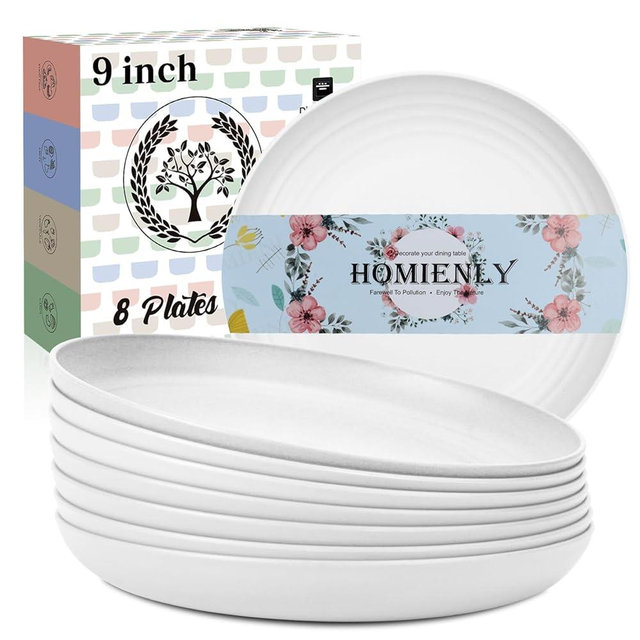 Homienly Wheat Straw Plates Set of 8, 9 inch Unbreakable Microwave and Dishwasher Safe Plates, Lightweight Round Dinner Plates with Unique Texture, Plate for Kitchen, Camping, Picnic - White