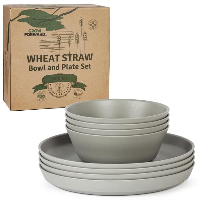 Grow Forward Premium Wheat Straw Dinnerware Sets - 8 Piece Unbreakable Microwave Safe Dishes - Reusable Wheat Straw Plates and Bowls Sets - Wheat Straw Bowls for Cereal, Soup, Camping, RV - Feather