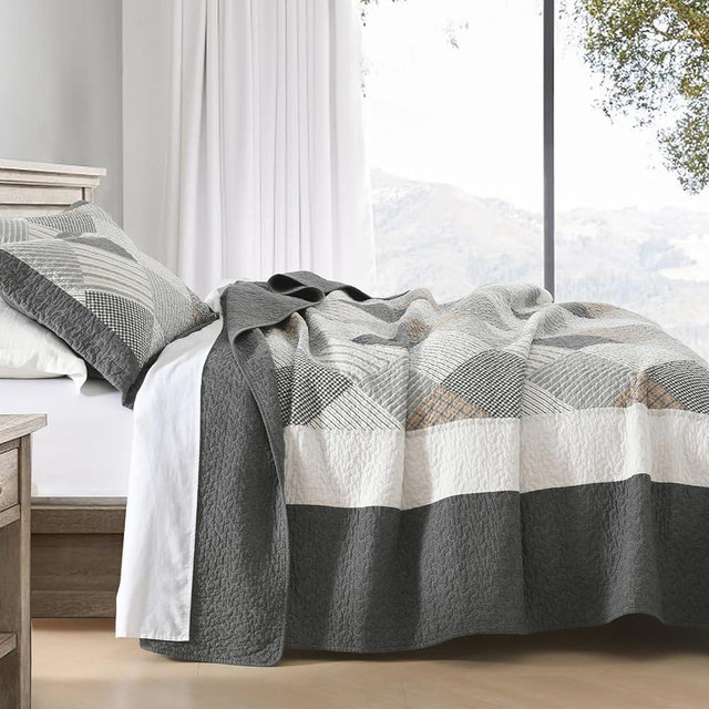 Finlonte Quilts Queen Size 100% Cotton Lightweight Soft Queen Comforter Set Rustic Farmhouse Quilted Bedspread Gray Reversible Lightweight Quilt Bedding Set 3 Pieces