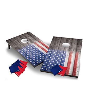 Wild Sports Stars and Stipes Cornhole Set, Flag on Distressed Wood, Two 2' x 3' Boards and 8 Bags