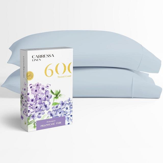 Carressa Linen 100% Egyptian Cotton Pillow Cases Set of 2-600 Thread Count Light Blue Standard/Queen Pillowcase for Sleeping, Soft, Silky Sateen Bed Pillow Cover, Extra Long Staple Pillowcases