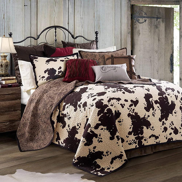 HiEnd Accents 3 PC Elsa Cow Print Reversible Quilt Set, Full/Queen Brown and White