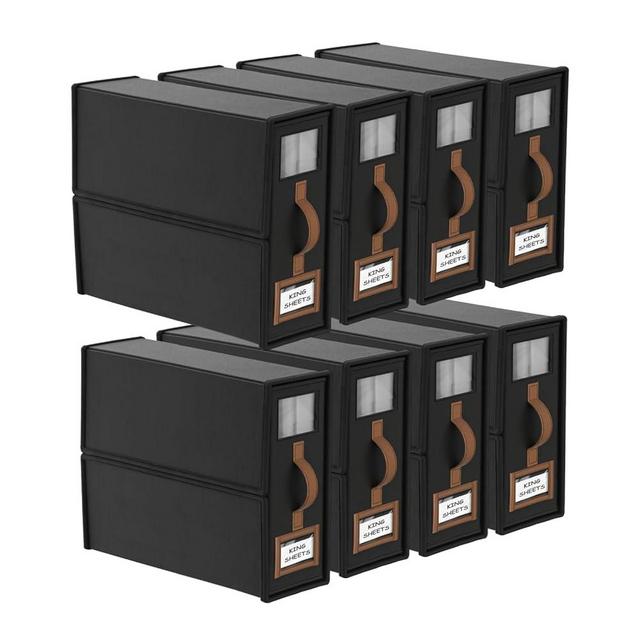 BigPonPon 8 Pack Foldable Bed Sheets Set Organizers and Storage(King & Queen Size),Linen Fabric Closet Organizers with Window,Folding Bedding Storage Box for Bedsheets and Pillow Cube Organizer-Black