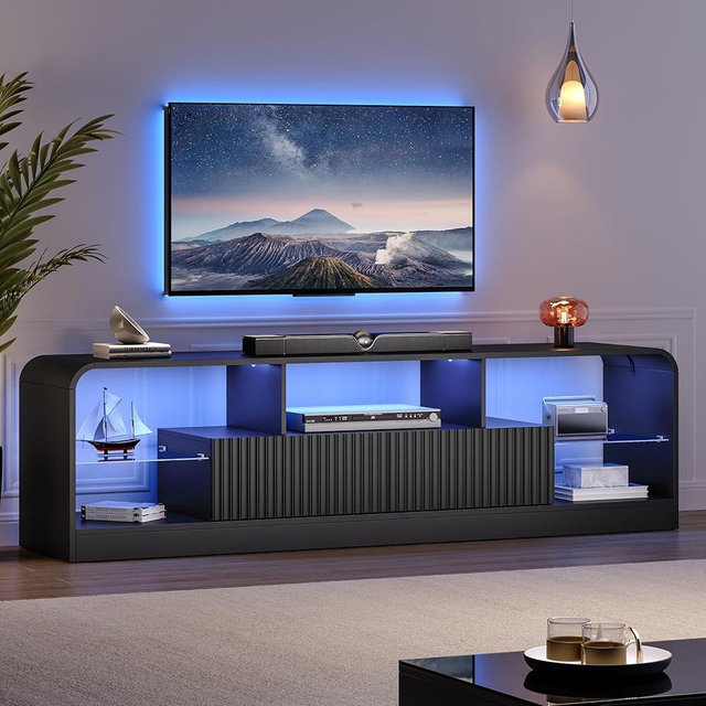 ANYMAPLE TV Stand for 60/65/70 Inch TVs, Modern Curved TV Console with LED Lights, 2 Drawers & Glass Shelves, Living Room Entertainment Center