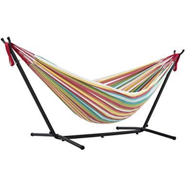 Vivere Double Cotton Hammock with Space Saving Steel Stand, Salsa (450 lb Capacity - Premium Carry Bag Included)
