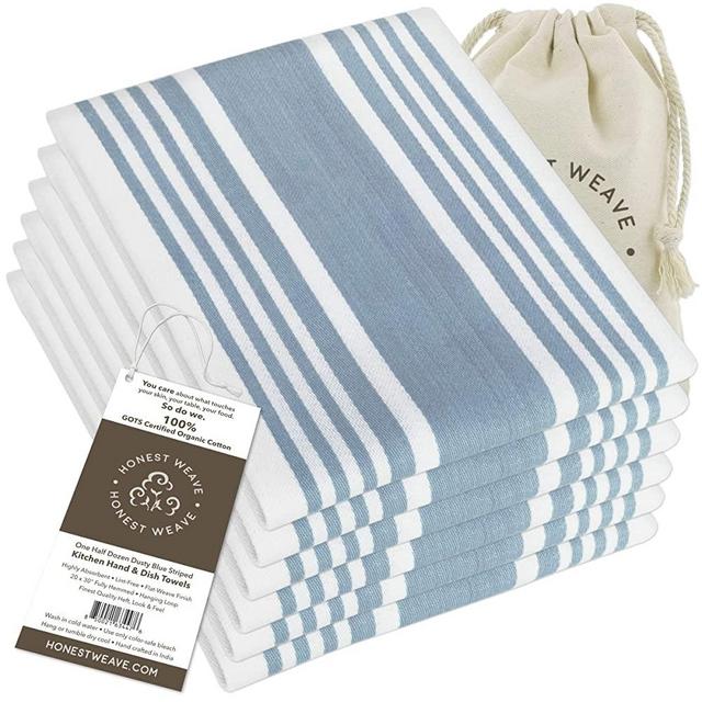 HONEST WEAVE GOTS Certified Organic Cotton Kitchen Hand and Dish Towel Sets - Oversized 20x20 inches, Fully Hemmed, in Designer Colors, 6-Pack, Dusty Blue Stripe