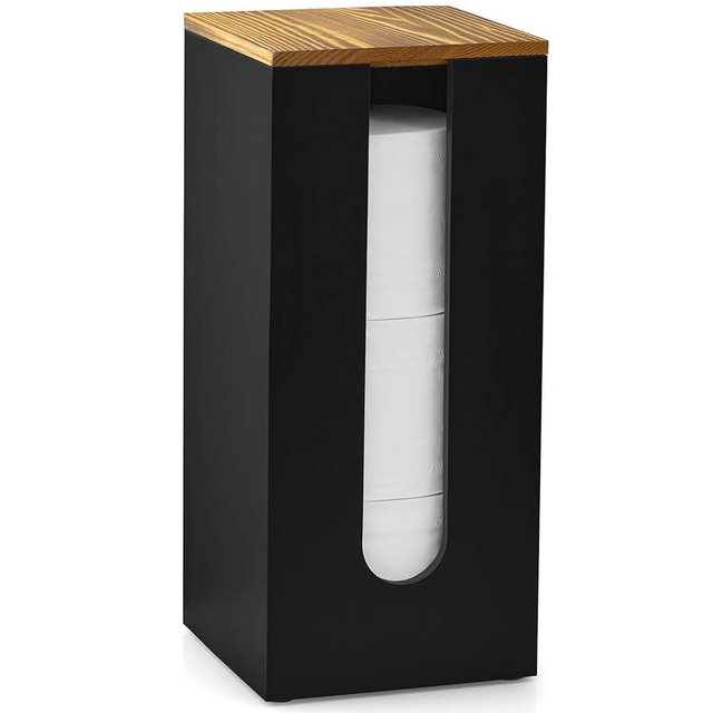 OUTNILI Freestanding Toilet Paper Holder Stand with Lid, Black Wooden Toilet Paper Storage Organizer for Bathroom Floor, Rustic Farmhouse Toilet Paper Storage Holds 3 Extra Large Rolls