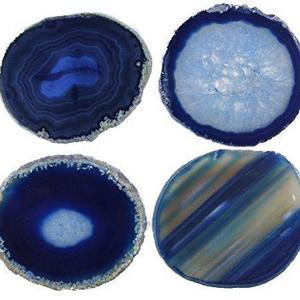 Natural Sliced Dyed Agate Coaster with Rubber Bumper Set of 4 (Q.1 Blue, 3-3.5"), By JIC Gem