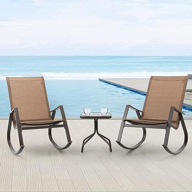 Crestlive Products 3 PCS Patio Bistro Set, Rocking Chairs & Tempered Class Coffee Table, Outdoor Recliner Chairs All-Weather Relaxation Set for Lawn Camping Beach Poolside (Brown)