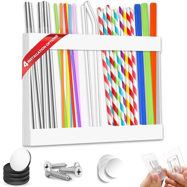 Acrylic Straw Holder with 4 Mounting Options Double Sided Adhesive Tape Magnetic Screws Hooks Reusable Tumbler Straw Organizer Storage Container for Kitchen Counter Cabinet Wall Cupboard ( White )