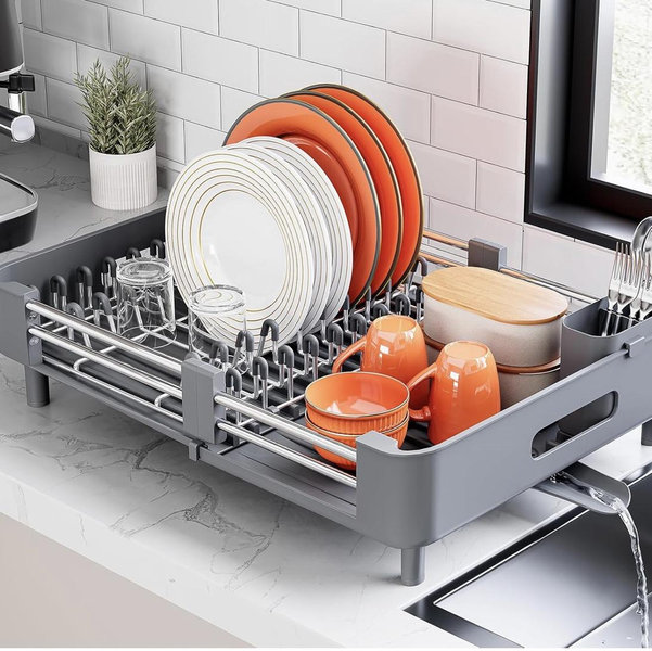 Urackify Stainless Steel Dish Drying Rack - Dish Drainer for Kitchen Counter, Extendable Drainboard with Foldable, Space-Saving Cup & Bowl Organizer, Includes Knife and Utensil Holder, Gray