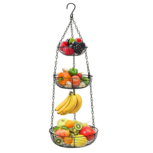HULISEN 3 Tier Hanging Fruit Basket with Banana Hook, Heavy Duty Wire Hanging Baskets for Kitchen Storage, 36 Inch Hanging Vegetable Produce Basket Organizer (Not Including Installation Bracket)