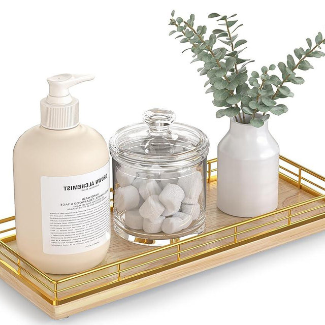 Bathroom Tray for Counter Top Organizer – Oak Wood Vanity Tray with Metal Frame for Dresser, Kitchen, Nightstand – Gold & Oak Decorative Storage