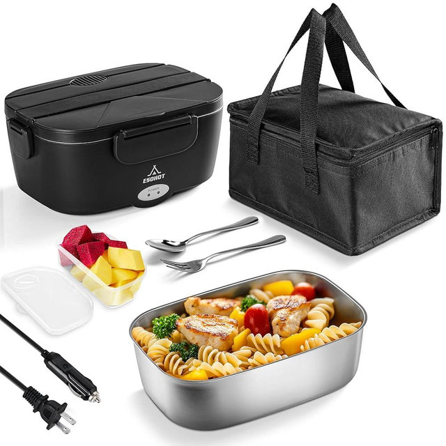 ESOHOT Electric Lunch Box 80W Heated Lunchbox for Adults, 1.5L 12/24/110V Food Warmer Lunch Box for Car/Truck/Office