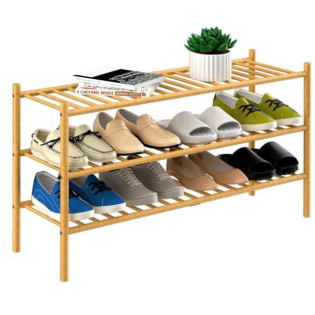 ROMGUAR CRAFT 3-Tier Bamboo Long Shoe Rack, Free Standing Wood Shoe Shelf Storage Organizer for Closet Entryway Stackable 35"x11"x20" (Natural)