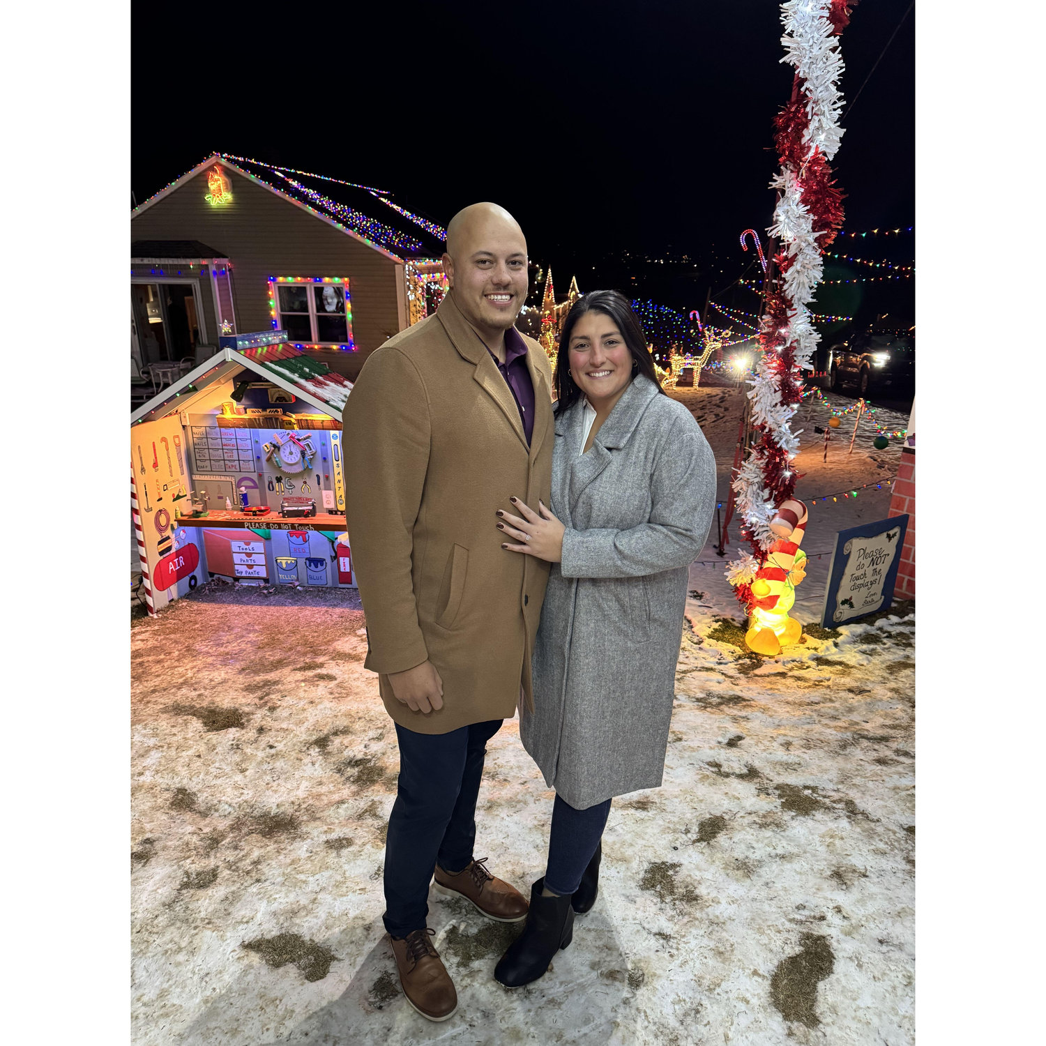 Celebrating our engagement at Candy Cane Lane at Christmas time - A special place in Roger ‘s childhood.