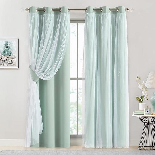 Bujasso Aqua 80% Blackout Curtains with Sheer Overlay Mix and Match Double Layer Thermal Insulated Window Panels 84 inch for Living Room Bedroom Mint Green Drapes with Tiebacks Grommet Top 37"Wx84"Lx2