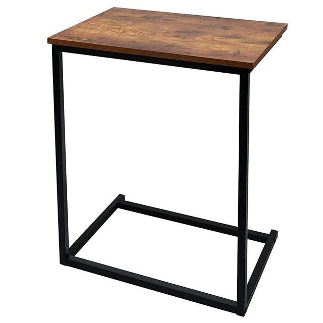 CRDOKA Snack Side Table, Rustic C Shaped End Table with Metal Frame, Sturdy Couch Table for Laptop Sofa Living Room Bedroom（Dark Walnut）