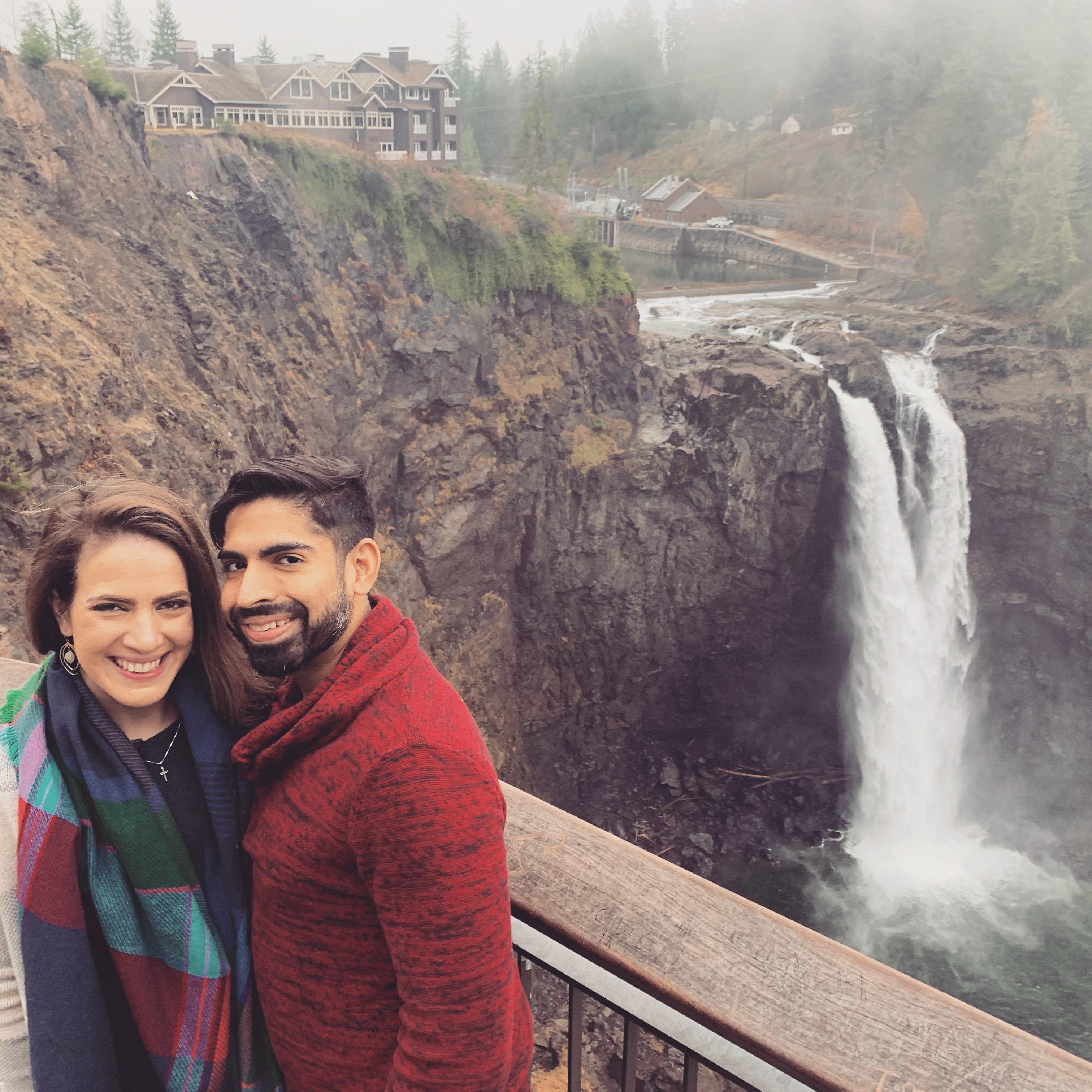 Ana found a picture of Snoqualmie Falls in Washington state and Kush surprised her with a wine tour to it when they visited her cousin Kerry in Seattle!