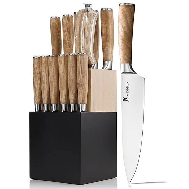 Kangdelun Natura Series 14 PCS Knife Block Set, Ultra Sharp High Carbon Stainless Steel with Wooden Handle
