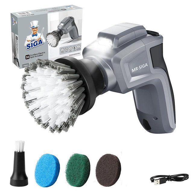 MR.SIGA Electric Spin Scrubber, Electric Cleaning Brush for Kitchen and Bathroom Cleaning, Waterproof Rechargeable Spin Scrubber, Cordless Spin Scrubber with 5 Replaceable Cleaning Brushes and Pads