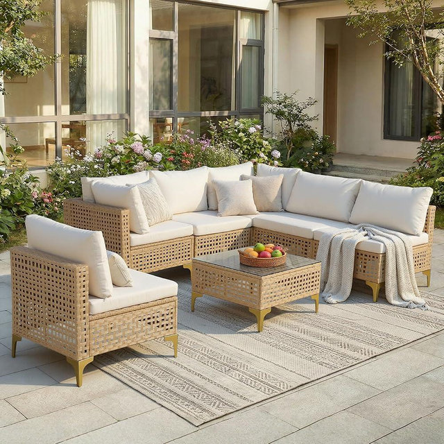 FHFO Patio Furniture Set, 7-Piece Wicker Patio Sectional Sofa Couch, Rattan Outdoor Conversation Set with Thick Cushion & Tempered Glass Coffee Table for Porch, Garden, Backyard (Yellow/Beige)