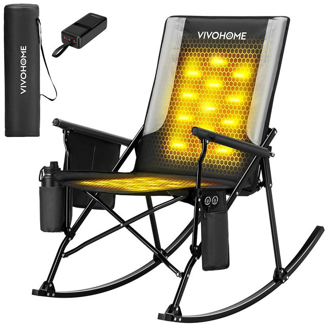 VIVOHOME 45W Padded Heating Rocking Camping Chair with 27000mAh Power Bank, Heated Oversized Portable Lawn Chair for Outdoor Sports, 3 Levels of Heat, Overheat Protection System, Black and Gray