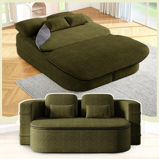 Antetek Convertible Sleeper Sofa, Modern Folding Futon Chenille Floor Foam Compression Loveseat Sofa Bed Couch, Foldable Full Size Guest Bed with 4 Pillows for Living Room Bedroom Apartment, Green